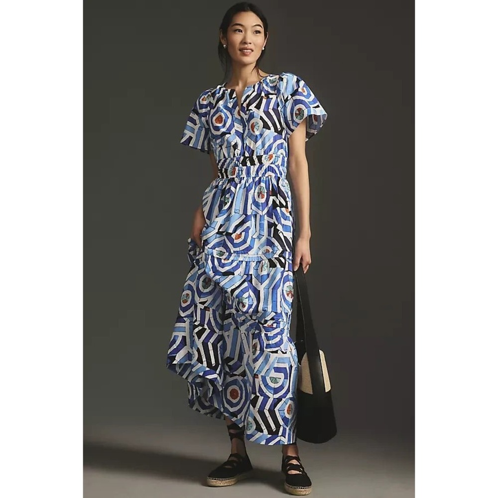 Anthropologie Somerset Maxi Dress Blue White Geometric Tile Print‎ NWT Small